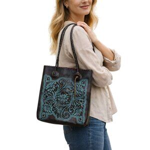 Patricia Nash Cavo Torquoise Tooled Leather Cut Out Tote Purse